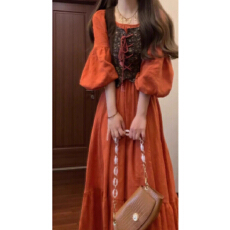 批发云南旅游穿搭民族风度假长裙夏季复古碎花<b class='q'>拼接</b>马甲灯笼袖<b class='q'>连衣裙</b>