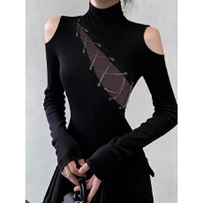 批发秋冬美式复古撞色假两件露肩半高领打底衫女内搭<b class='q'>修身</b>显瘦辣妹上衣