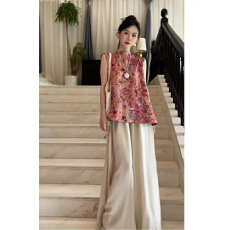 批发大码新中式印花无袖中长款上衣+阔腿裤夏清凉感两件套<b class='q'>轻熟</b>风复古