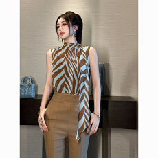 批发欧洲站条纹上衣女2026夏季新款高领<b class='q'>无袖</b>漂亮气质高品质飘带<b class='q'>雪纺衫</b>