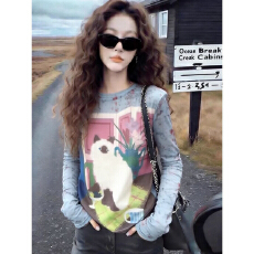 批发网纱复古别致晕染宽松百搭<b class='q'>长</b>袖<b class='q'>T</b><b class='q'>恤</b>女时尚韩版遮肉微透罩衫ins上衣