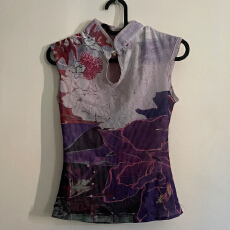 批发大码新中式网纱双面花卉印花<b class='q'>旗袍</b>领气质辣妹修身短袖短款T恤上衣