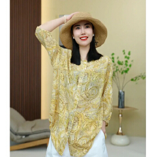 批发2026新款时尚气质洋气七分袖<b class='q'>大码</b>休闲上衣女宽松显瘦减龄印花衬衫