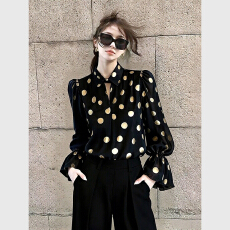 批发轻奢高级感黑色<b class='q'>波点</b><b class='q'>衬衫</b>2026春季新款独特超好看法式小资别致上衣