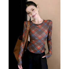 批发复古美式辣妹格纹设计网纱上衣透视感T恤长袖显瘦修身薄款<b class='q'>空调</b><b class='q'>衫</b>