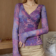 美式辣妹秋季新款紫色晕染V领褶皱收腰显瘦长袖女装T恤上衣