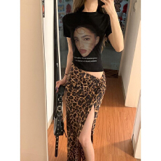 套装女2026夏季美式辣妹短袖印花修身上衣高腰显瘦豹纹开叉半身裙