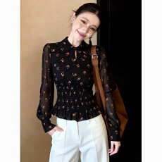 批发轻奢高级老钱风流行黑色上衣女2026早春立领收腰印花半透薄纱小衫