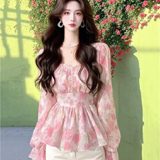 批发法式方领碎花<b class='q'>长袖</b>雪纺<b class='q'>衬衫</b>女春装2026新款收腰显瘦小衫高级感上衣