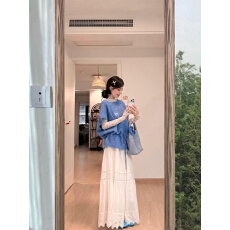 批发三件套装女春季新款韩系蓝色针织<b class='q'>马甲</b>背心碎花长袖高腰显瘦半身裙