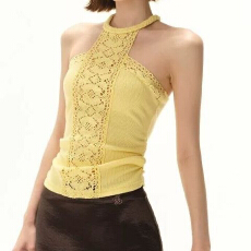 原创设计复古海岛风蕾丝镂空花边性感露背背心女挂脖夏季辣妹上衣