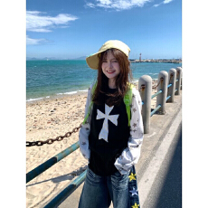 批发美式复古星星十字架印花长袖<b class='q'>T</b><b class='q'>恤</b>男女春夏季宽松薄款防晒罩衫上衣