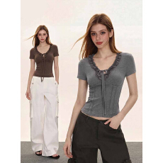 批发<b class='q'>欧美</b>风V领系带正肩短袖内搭t恤女夏季甜辣妹蕾丝花边收腰显瘦上衣