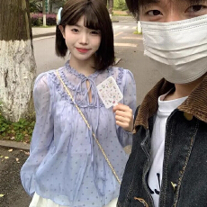 批发<b class='q'>波点</b>木耳边系带<b class='q'>衬衫</b>百搭洋气减龄气质新款春夏甜美设计感小众上衣