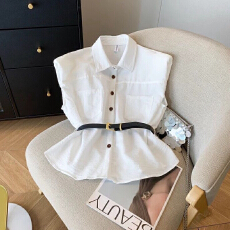 批发韩系POLO领小衫女夏白色小香风无袖单排扣气质<b class='q'>衬衫</b>遮肚子显瘦<b class='q'>上衣</b>