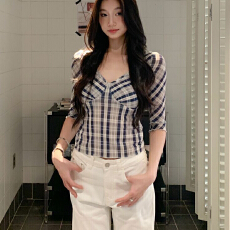 批发美式复古风文艺V领<b class='q'>条纹</b>七分袖修身网纱T恤女夏短款修身上衣<b class='q'>打底衫</b>