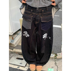批发美式复古大码水洗拼接双口袋弯刀牛仔裤女街头印花宽松阔腿<b class='q'>长裤</b>潮