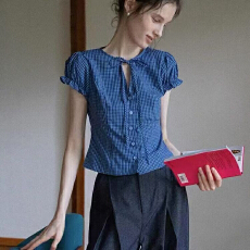 批发法式复古蓝色泡泡系带<b class='q'>格子</b><b class='q'>衬衫</b>甜美气质短袖新款显瘦休闲收腰上衣