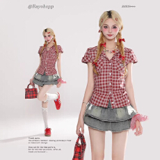 批发2026夏季复古<b class='q'>格子</b>红色短袖<b class='q'>衬衫</b>女夏季新款修身显瘦短款上衣ins潮