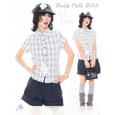 批发夏季白色<b class='q'>格子</b>正肩短袖<b class='q'>衬衫</b>女2026新款设计感修身显瘦短款<b class='q'>衬衣</b>上衣