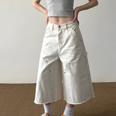 批发美式复古白色工装七分裤<b class='q'>男</b>女宽松潮牌直筒<b class='q'>牛仔</b><b class='q'>短裤</b>