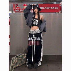 批发美式街头双腰阔腿裤女秋<b class='q'>冬</b>新款条纹拼接运动休闲长裤子设计感卫裤