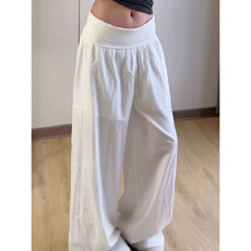 批发白色薄款翻腰休闲阔腿裤子女夏季高腰显瘦慵懒风拖地宽松防晒长裤