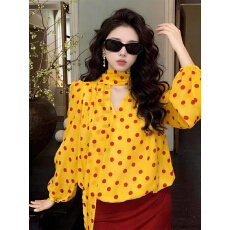 批发轻奢减龄洋气法式独特漂亮仙气雪纺上衣26<b class='q'>春</b>黄色波点女高级感衬衫