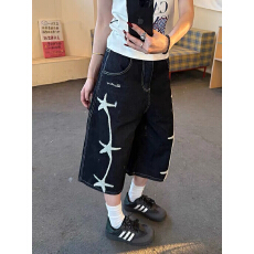 批发美式复古植绒刺绣星星<b class='q'>牛仔</b>七分裤男女春夏街头宽松休闲阔腿中<b class='q'>短裤</b>