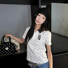 批发甜辣妹波点印花字母刺绣短袖T恤女夏季新款韩系正肩修身百搭上衣