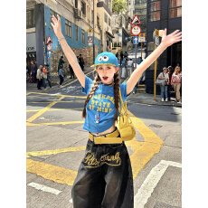 批发蓝色显白字母印花正肩短袖t恤女夏季精棉修身显瘦短款甜辣妹上衣