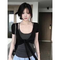 批发【灰带黑衫】美式辣妹套装女夏季绑带短袖开衫挂脖吊带纯欲风上衣