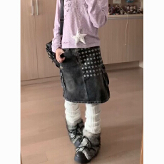 批发美式街头大码水洗做旧星星印花多口袋牛仔短裙女显瘦a字半身裙潮
