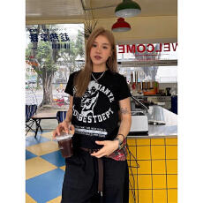批发美式纯棉复古休闲正肩短袖T恤女<b class='q'>街头</b>日常夏季新款潮牌上衣百搭