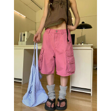 批发美式大码水洗粉色口袋工装牛仔七分裤女<b class='q'>街头</b>直筒宽松显瘦阔腿中裤