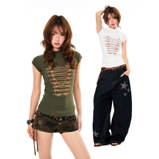 批发美式朋克酷辣妹圆领印花短袖<b class='q'>T</b><b class='q'>恤</b>女夏季新款修身显瘦外穿甜酷上衣