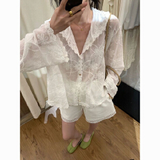 批发甜美温柔风蕾丝刺绣连帽衬衫女春夏时尚减龄百搭宽松外搭薄款上衣
