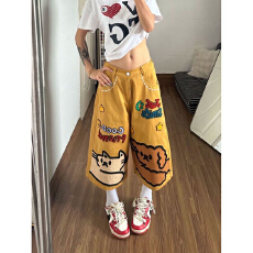 批发2026黄色<b class='q'>原创</b>美式复古卡通刺绣七分裤女夏季新款宽松直筒阔腿短裤