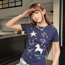 批发星星可爱小马<b class='q'>印花</b>藏青色独特棉质正肩短袖T恤女修身显瘦短款上衣