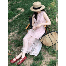 批发绝美小众不撞款韩系气质减龄粉色网纱拼接无袖背心连衣裙女蛋糕裙