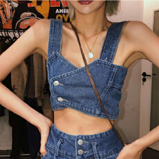 批发李婉君蓝色牛仔套<b class='q'>装</b>女夏炸街显瘦高腰牛仔阔腿<b class='q'>裤</b><b class='q'>性感</b>吊带背心上衣