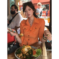 批发美式复古橙色衬衫女夏半袖工装收腰显瘦辣妹上衣外穿轻奢爆款
