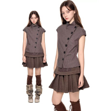 批发时尚洋气棕色格纹正肩短袖衬衫女夏季美式学院风<b class='q'>立领</b>修身辣妹上衣