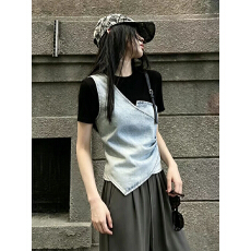 批发假两件牛仔衣短袖T恤女夏装设计感小众时尚气质上衣潮