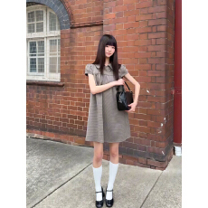 批发娃娃领美式复古格子短袖宽松洋气连衣裙