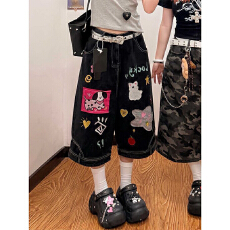 批发复古黑色高腰显瘦直筒牛仔短裤<b class='q'>女</b>夏季薄款宽松高街辣妹风<b class='q'>七分裤</b>子
