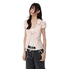 批发【甜渍行诗】韩系收腰泡泡袖短袖衬衫女夏季新款纯欲风短款上衣