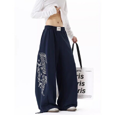 批发美式覆古藏青色潮牌做旧印花垂感慵懒阔腿休闲卫裤男女小众街舞裤