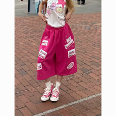 批发美式多巴胺玫红色五分裤女2026夏季新款宽松阔腿中裤休闲百搭短裤