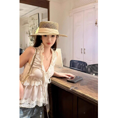批发白色缎面荷叶边少女甜美v领绑带背心女